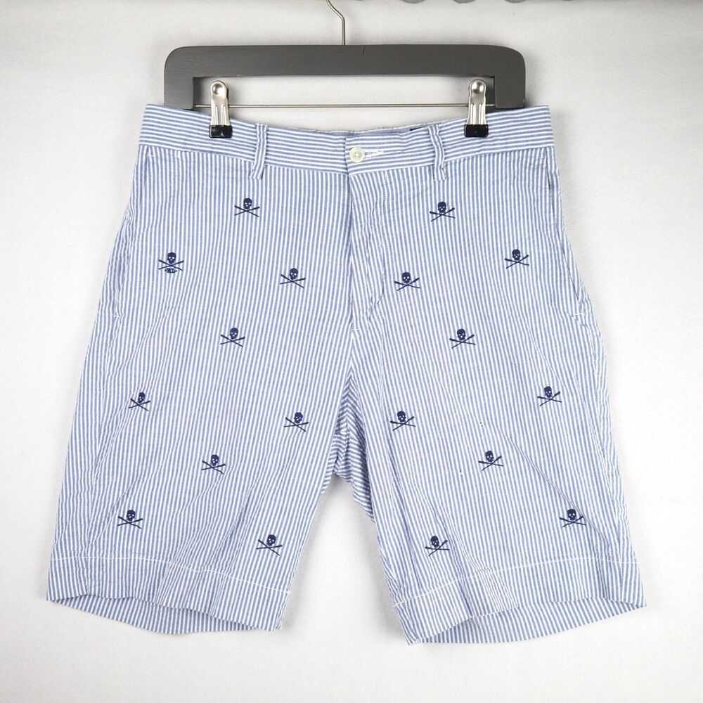 Polo Ralph Lauren Seersucker Skull Crossbones Shorts Mens 30 Blue Embroidered